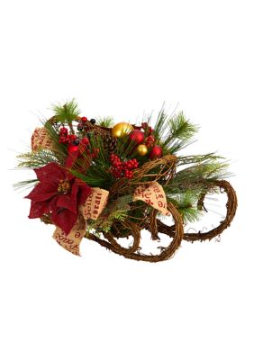 18 Inch Christmas Sleigh with Poinsettia, Berries and Pinecone Artificial Arrangement with Ornaments