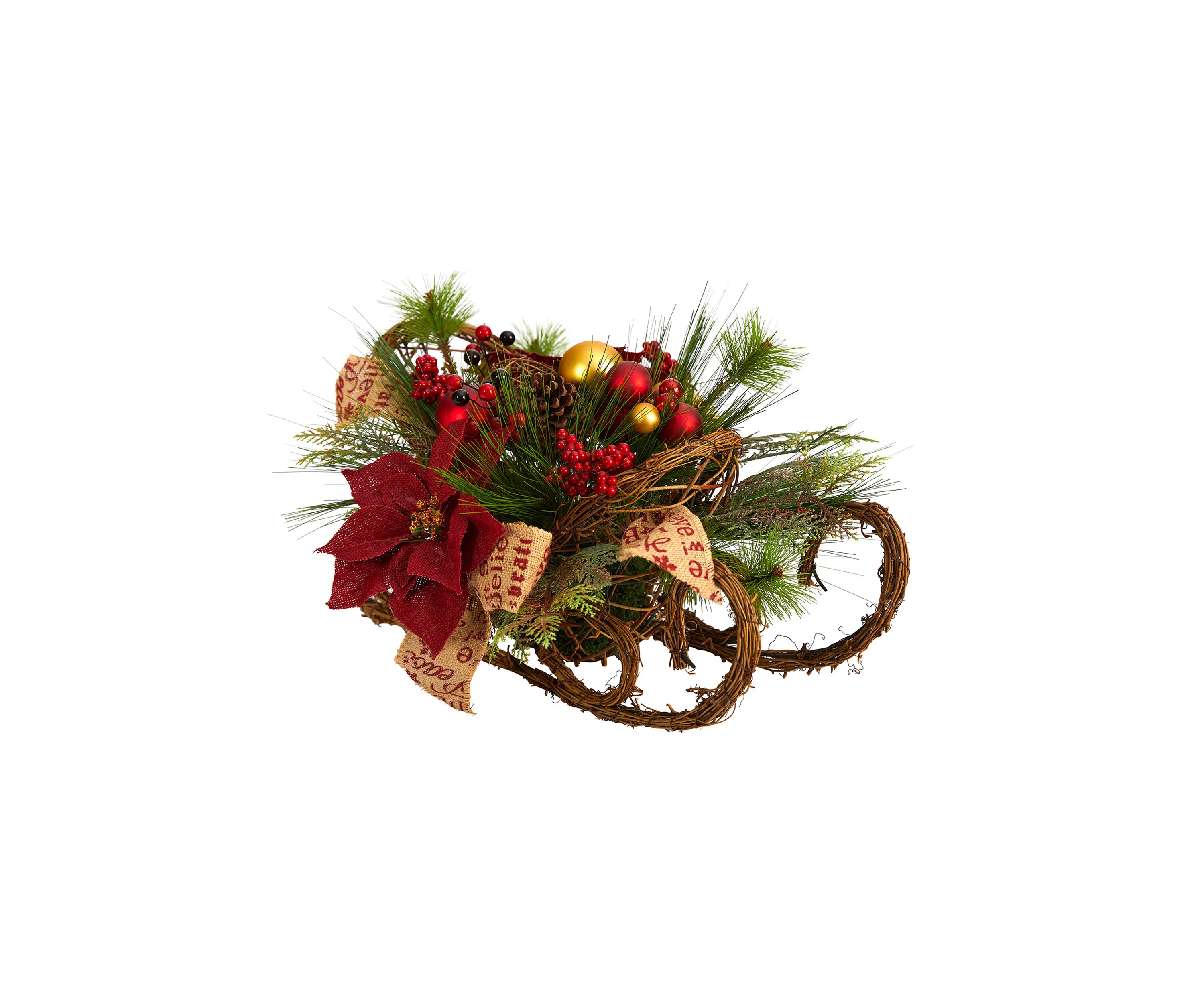 18 Inch Christmas Sleigh with Poinsettia, Berries and Pinecone Artificial Arrangement with Ornaments