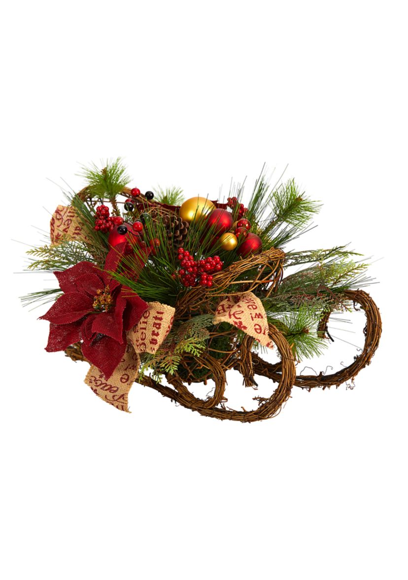 18 Inch Christmas Sleigh with Poinsettia, Berries and Pinecone Artificial Arrangement with Ornaments