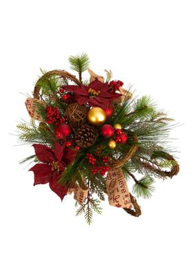 18 Inch Christmas Sleigh with Poinsettia, Berries and Pinecone Artificial Arrangement with Ornaments