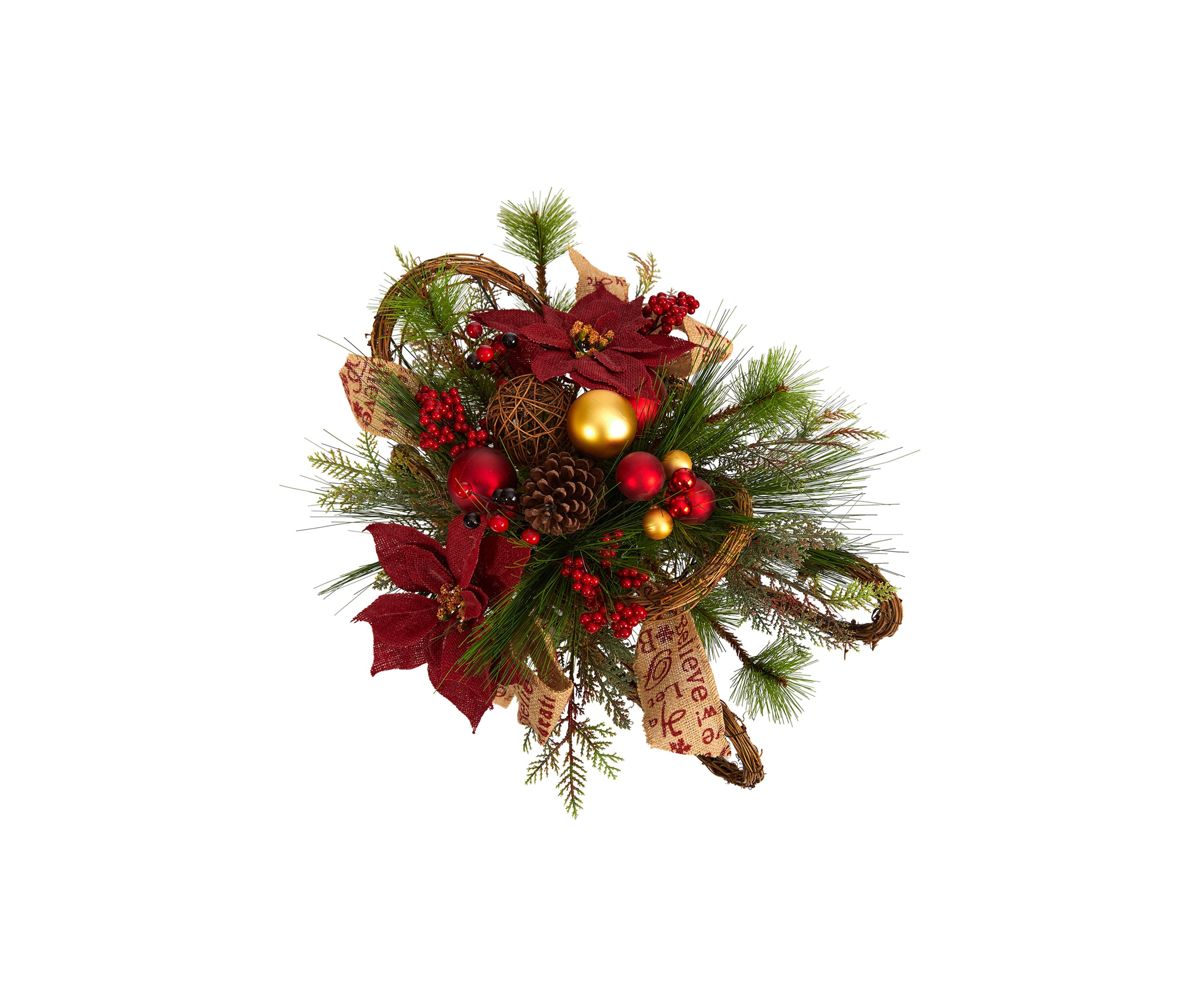 18 Inch Christmas Sleigh with Poinsettia, Berries and Pinecone Artificial Arrangement with Ornaments