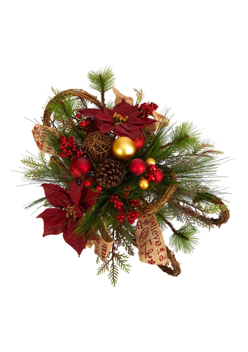18 Inch Christmas Sleigh with Poinsettia, Berries and Pinecone Artificial Arrangement with Ornaments