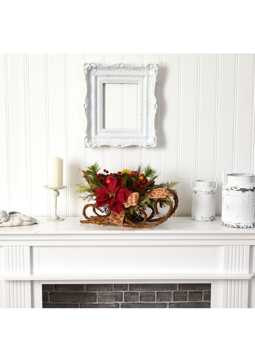 18 Inch Christmas Sleigh with Poinsettia, Berries and Pinecone Artificial Arrangement with Ornaments