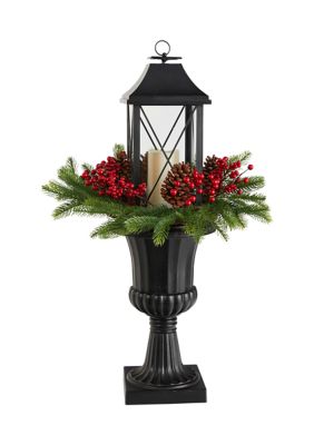 Nearly Natural 33 Inch Holiday Greenery, Berries and Pinecones in Decorative Urn with Large Lantern and Included LED Candle Artificial Christmas