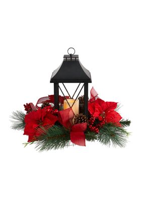 Nearly Natural 15 Inch Holiday Poinsettia, Pinecone, and Greenery with Lantern and Included LED Candle Artificial Table Christmas Arrangement