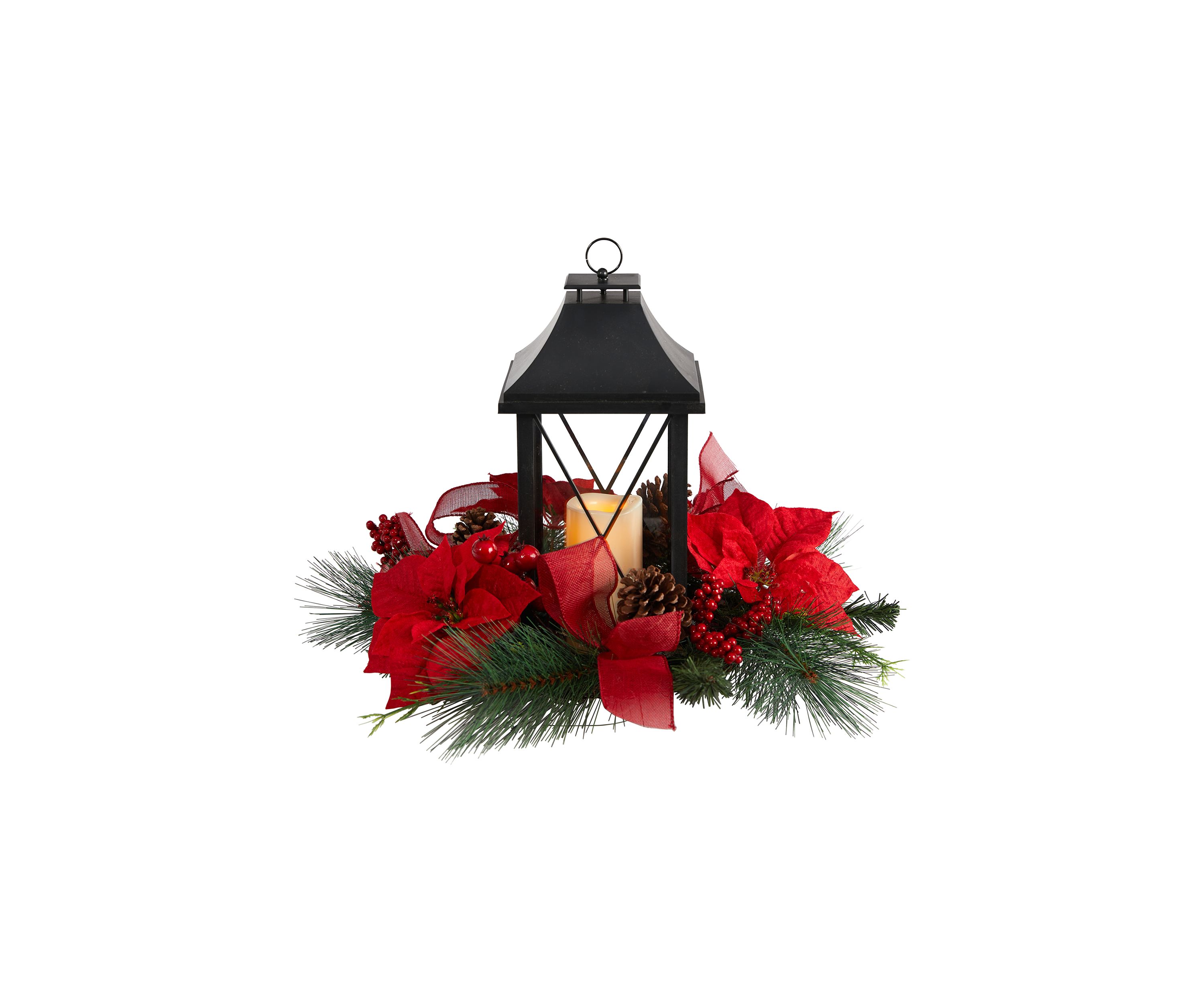 15 Inch Holiday Poinsettia, Pinecone, and Greenery with Lantern and Included LED Candle Artificial Table Christmas Arrangement