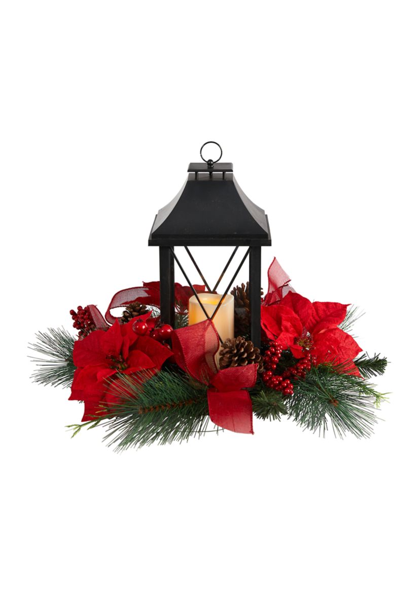 15 Inch Holiday Poinsettia, Pinecone, and Greenery with Lantern and Included LED Candle Artificial Table Christmas Arrangement