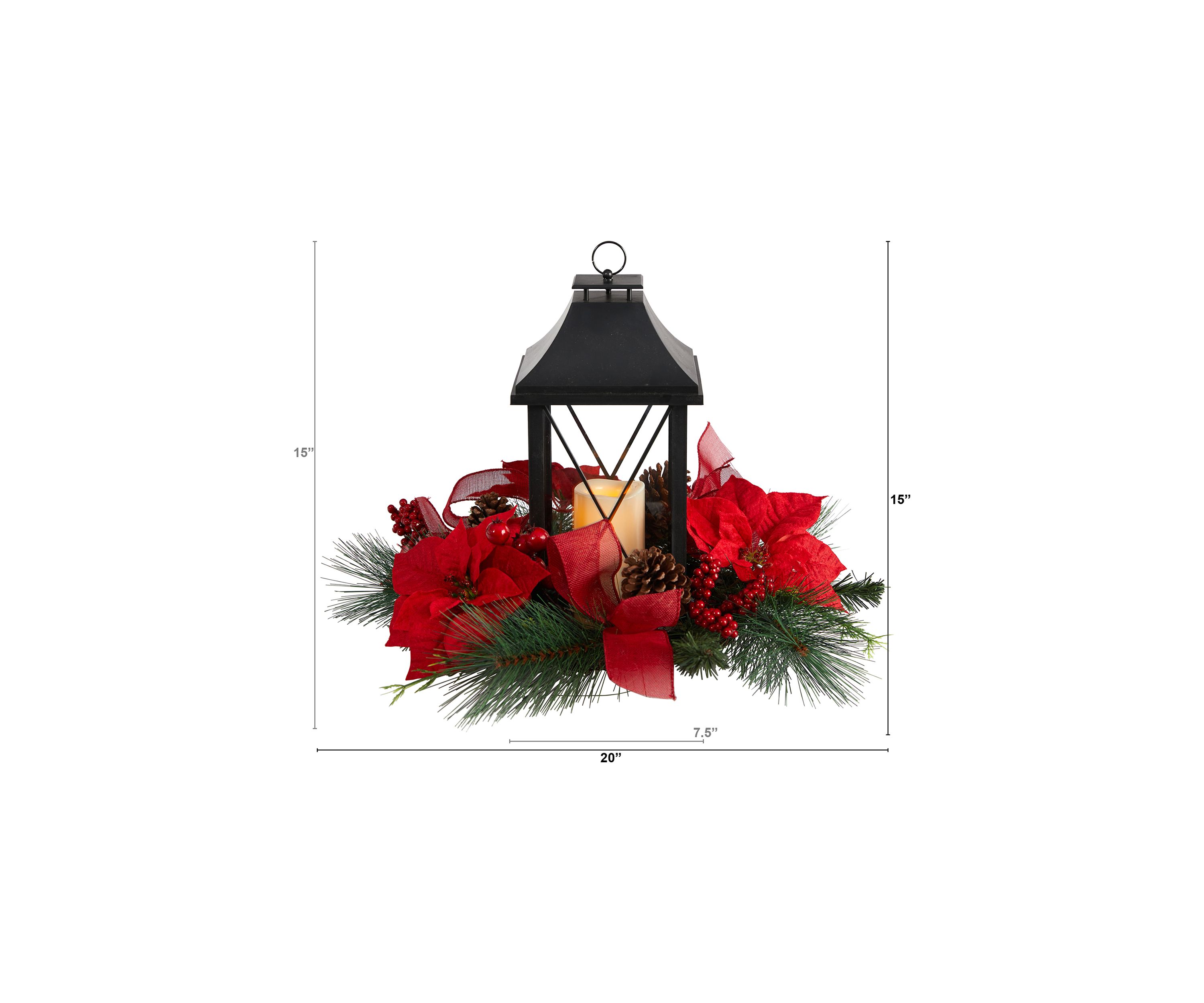 15 Inch Holiday Poinsettia, Pinecone, and Greenery with Lantern and Included LED Candle Artificial Table Christmas Arrangement