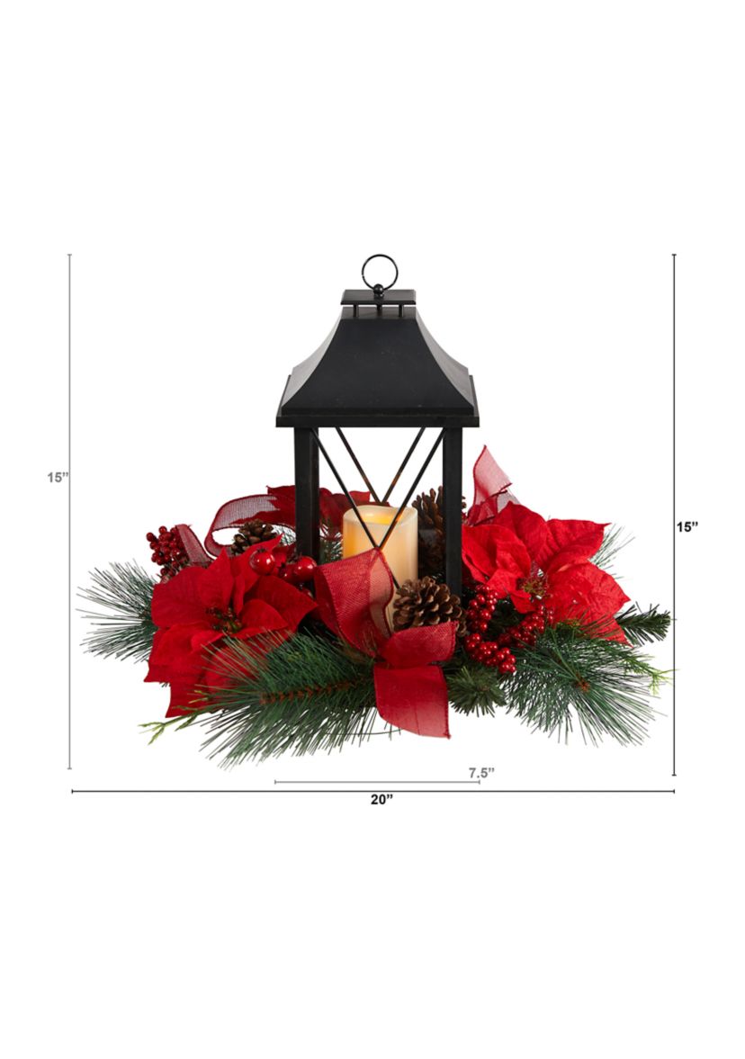15 Inch Holiday Poinsettia, Pinecone, and Greenery with Lantern and Included LED Candle Artificial Table Christmas Arrangement