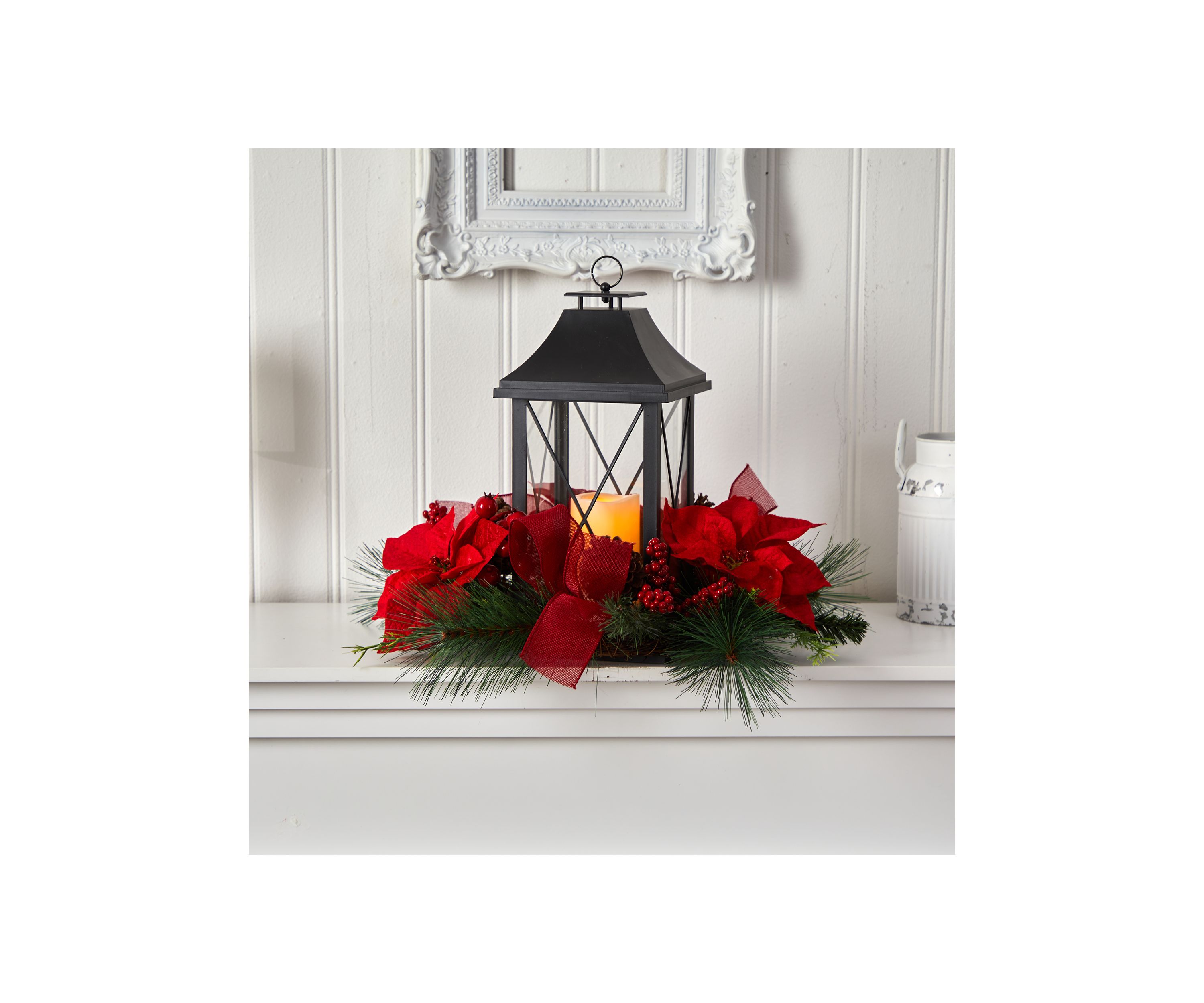 15 Inch Holiday Poinsettia, Pinecone, and Greenery with Lantern and Included LED Candle Artificial Table Christmas Arrangement
