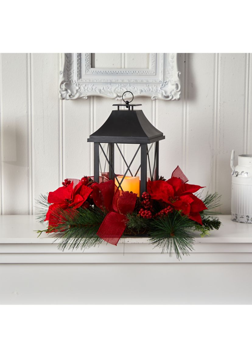 15 Inch Holiday Poinsettia, Pinecone, and Greenery with Lantern and Included LED Candle Artificial Table Christmas Arrangement