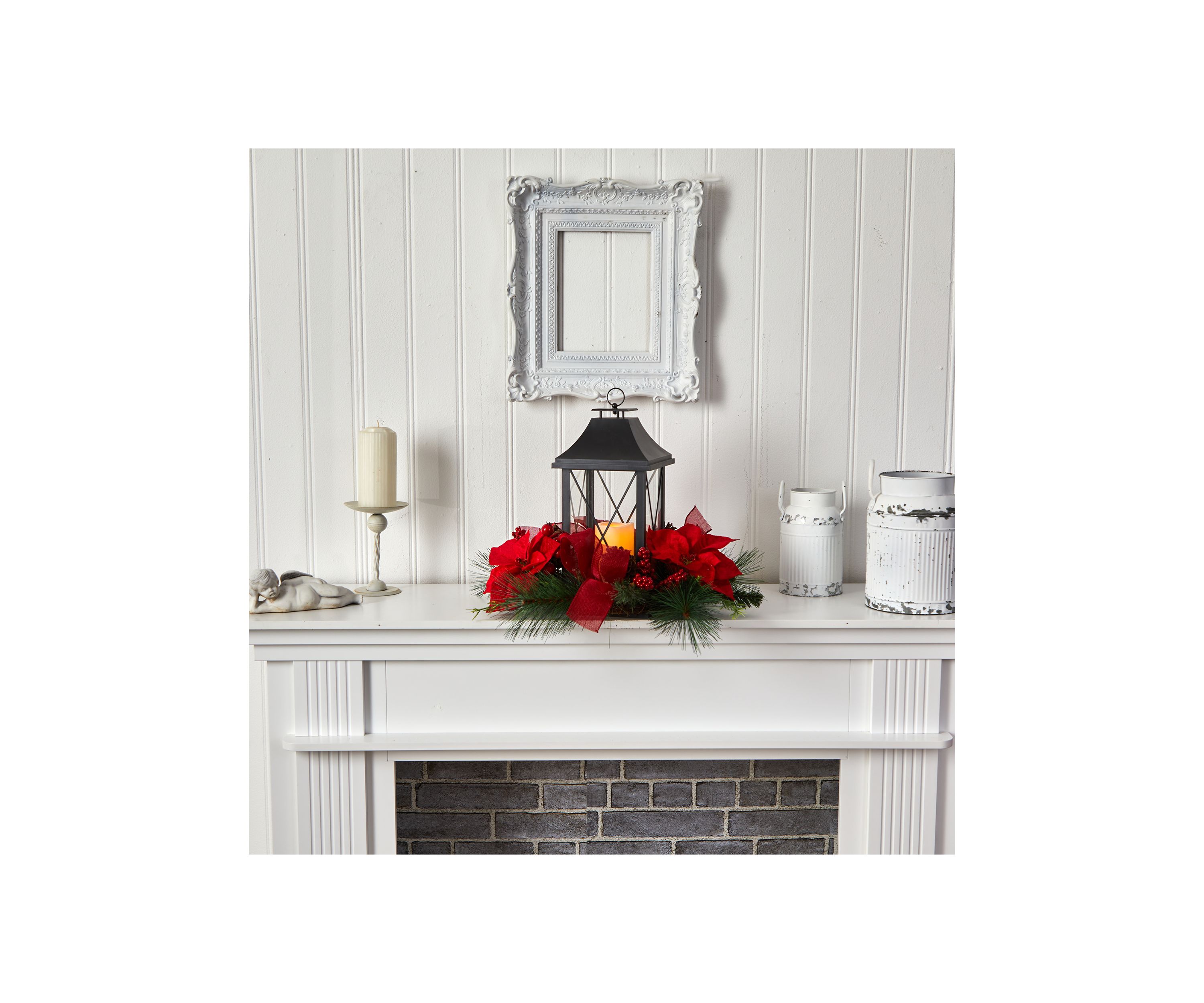 15 Inch Holiday Poinsettia, Pinecone, and Greenery with Lantern and Included LED Candle Artificial Table Christmas Arrangement