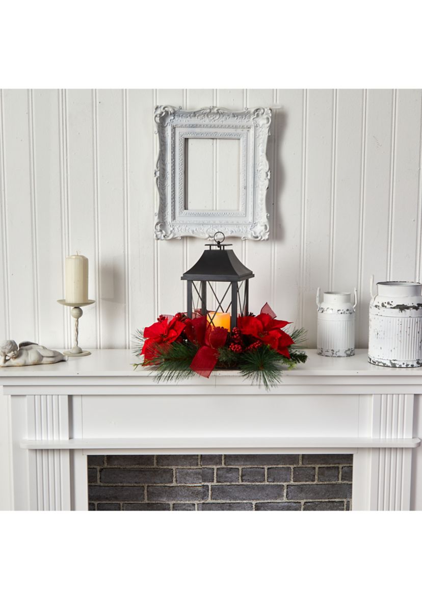 15 Inch Holiday Poinsettia, Pinecone, and Greenery with Lantern and Included LED Candle Artificial Table Christmas Arrangement