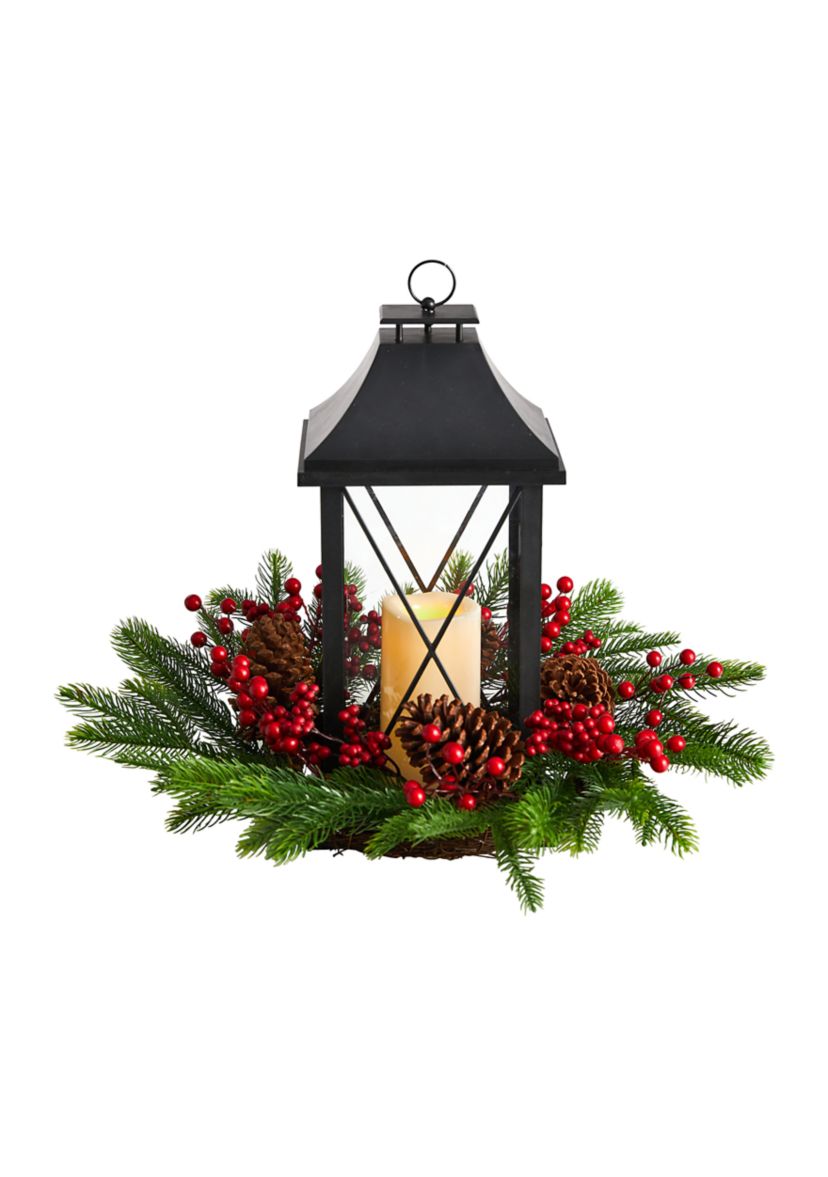 16 Inch Holiday Christmas Berries, Pinecones, and Greenery with Lantern and Included LED Candle Artificial Table Arrangement