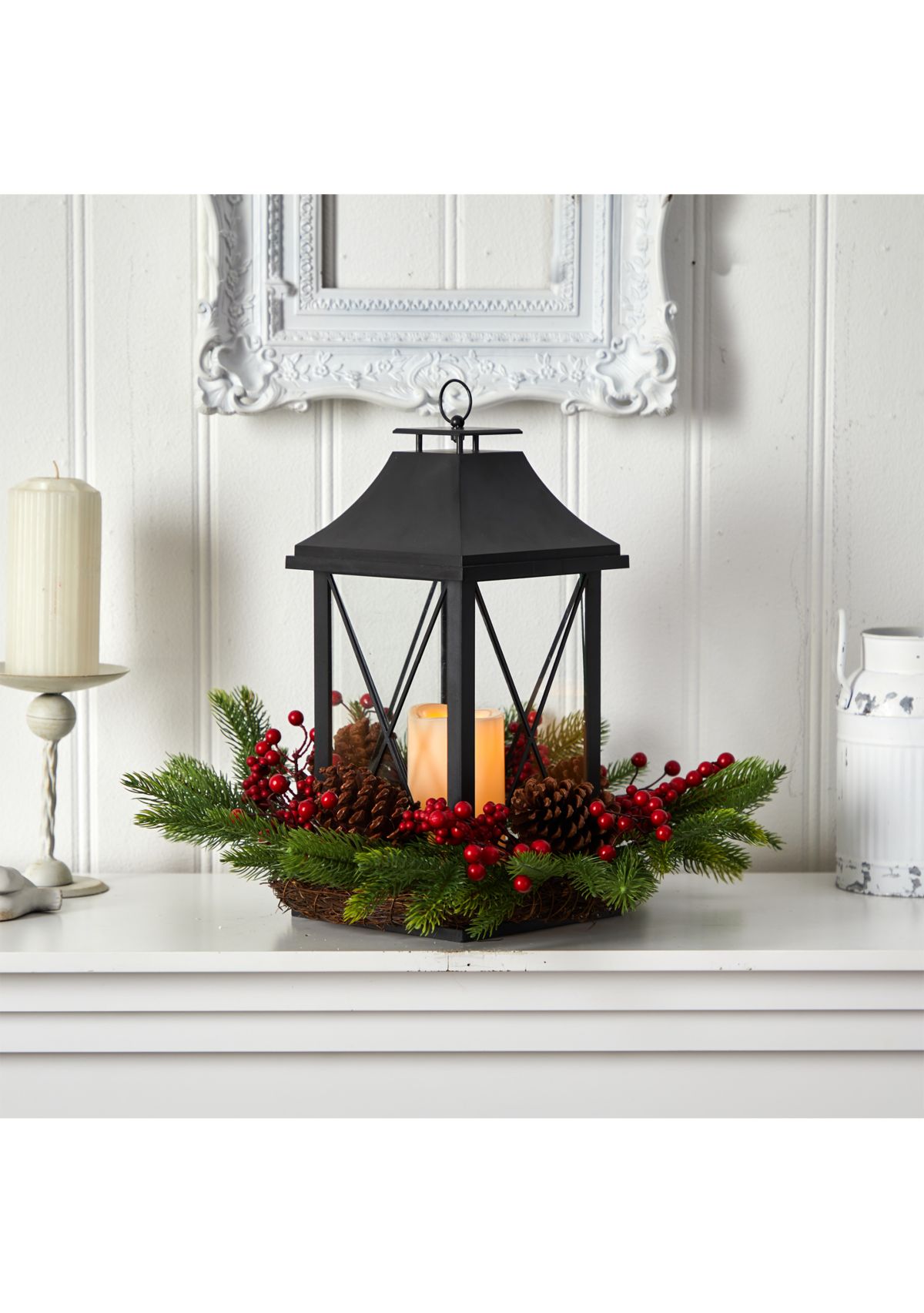 16 Inch Holiday Christmas Berries, Pinecones, and Greenery with Lantern and Included LED Candle Artificial Table Arrangement