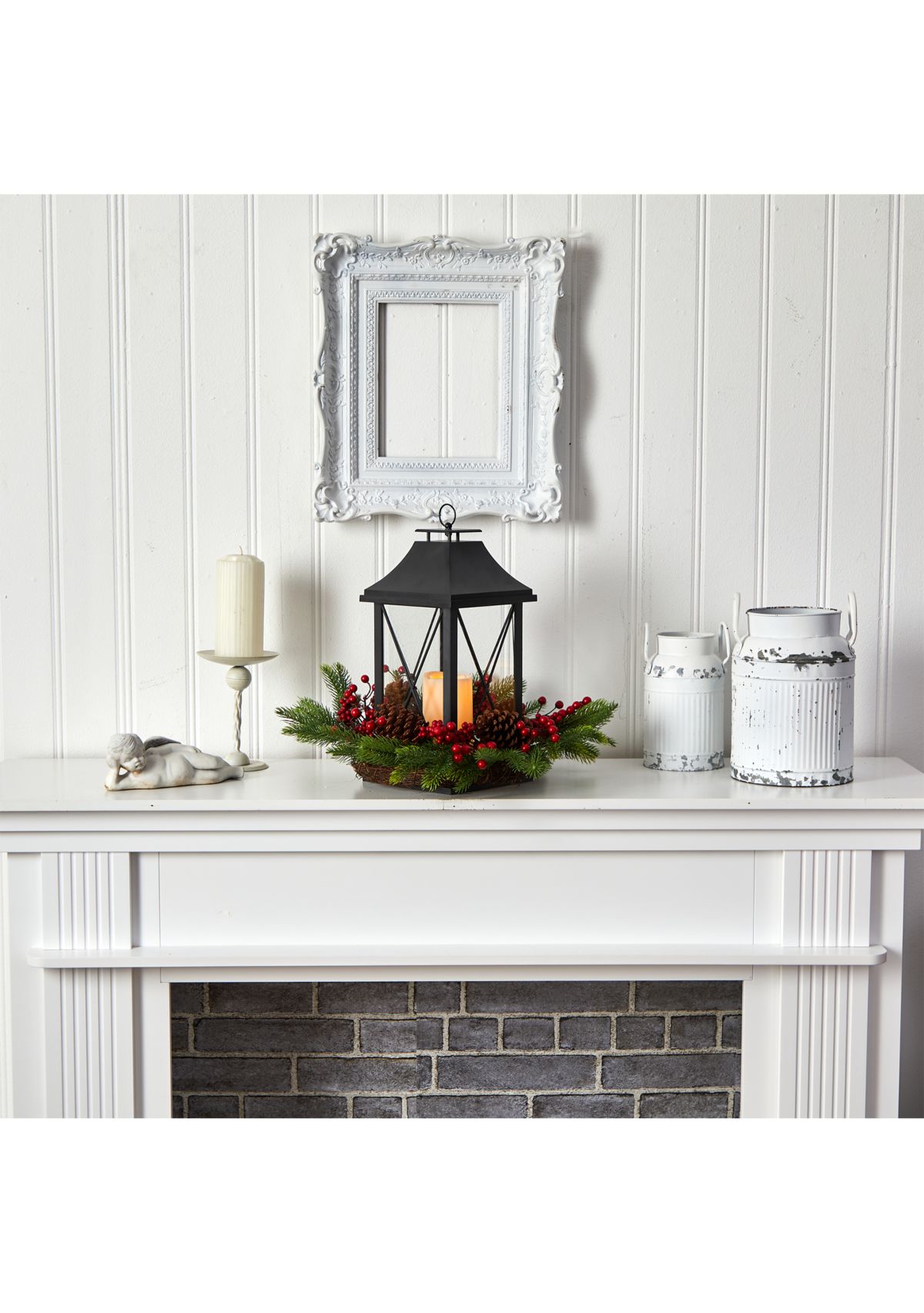 16 Inch Holiday Christmas Berries, Pinecones, and Greenery with Lantern and Included LED Candle Artificial Table Arrangement