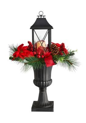 33 Inch Holiday Christmas Berries and Poinsettia with Large Lantern and Included LED Candle Set in a Decorative Urn Porch Décor