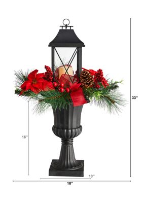 33 Inch Holiday Christmas Berries and Poinsettia with Large Lantern and Included LED Candle Set in a Decorative Urn Porch Décor