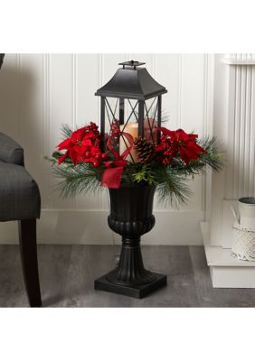 33 Inch Holiday Christmas Berries and Poinsettia with Large Lantern and Included LED Candle Set in a Decorative Urn Porch Décor