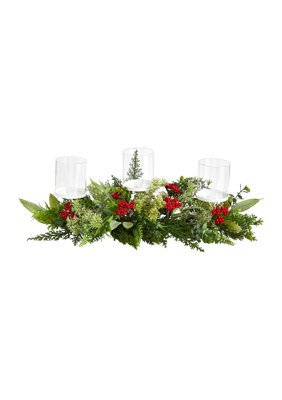 20 Inch Holiday Winter Greenery and Berries Triple Candle Holder Artificial Christmas Table Arrangement