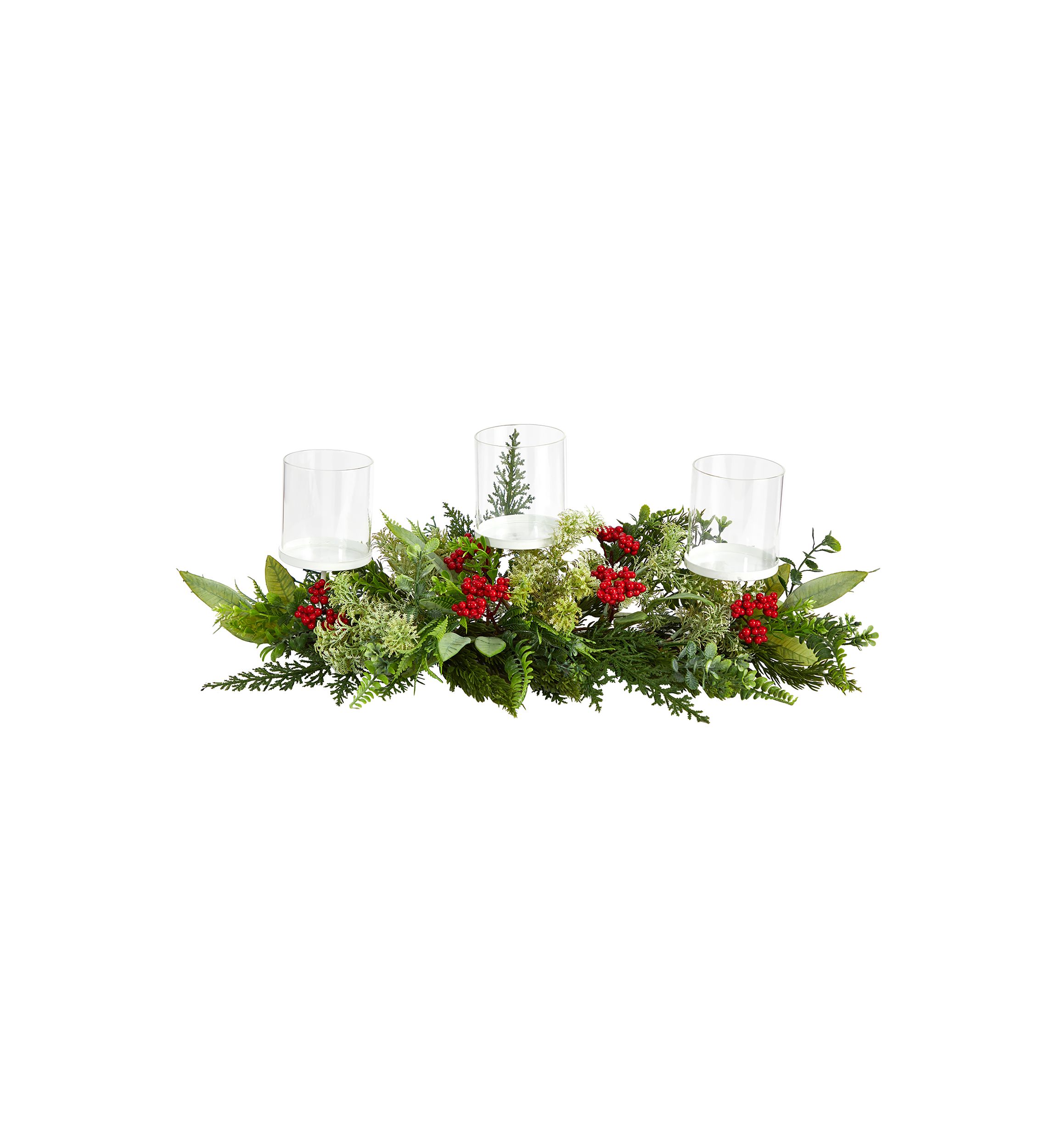20 Inch Holiday Winter Greenery and Berries Triple Candle Holder Artificial Christmas Table Arrangement