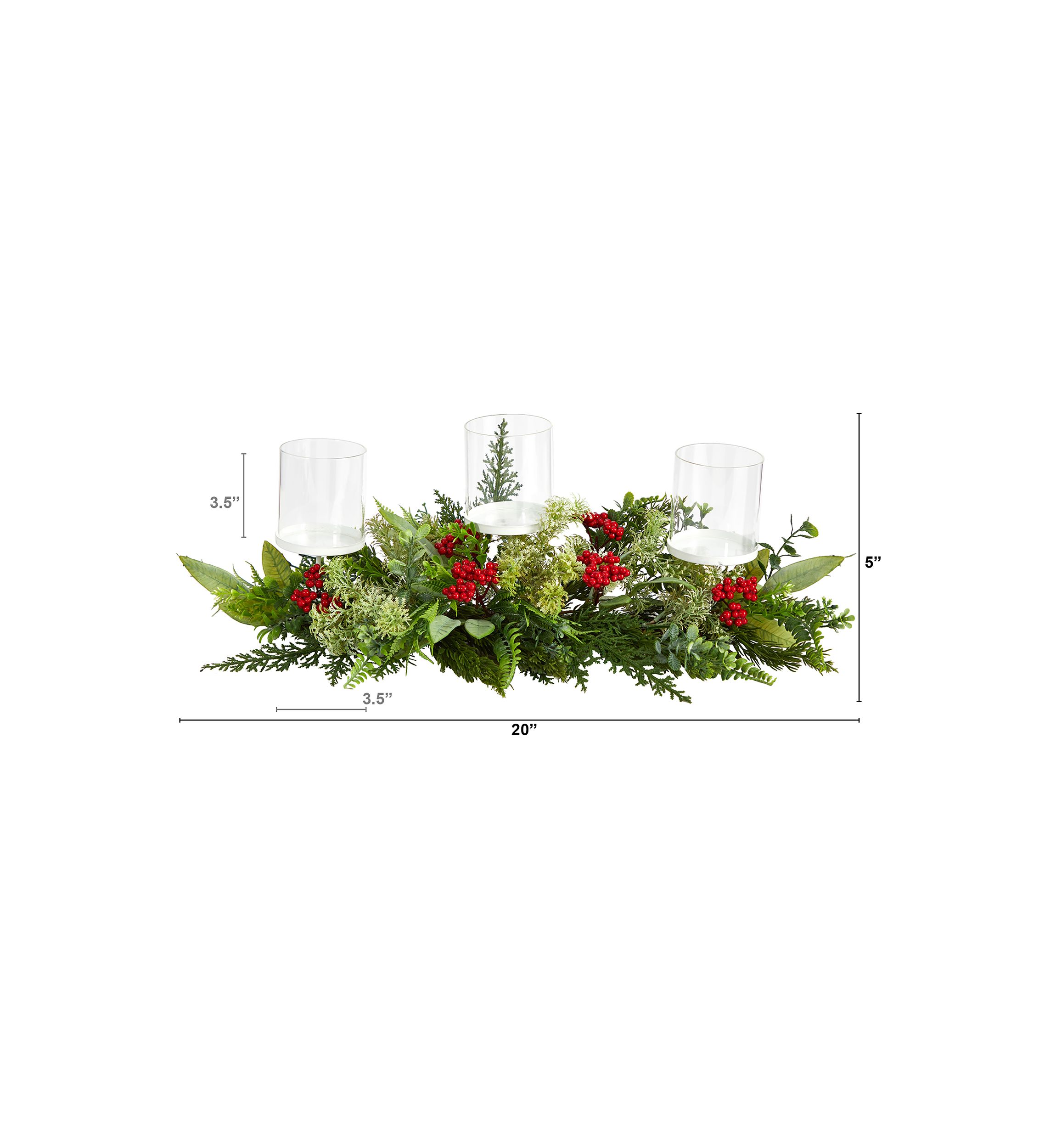 20 Inch Holiday Winter Greenery and Berries Triple Candle Holder Artificial Christmas Table Arrangement