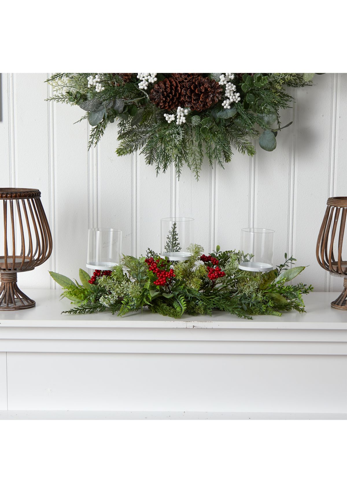 20 Inch Holiday Winter Greenery and Berries Triple Candle Holder Artificial Christmas Table Arrangement