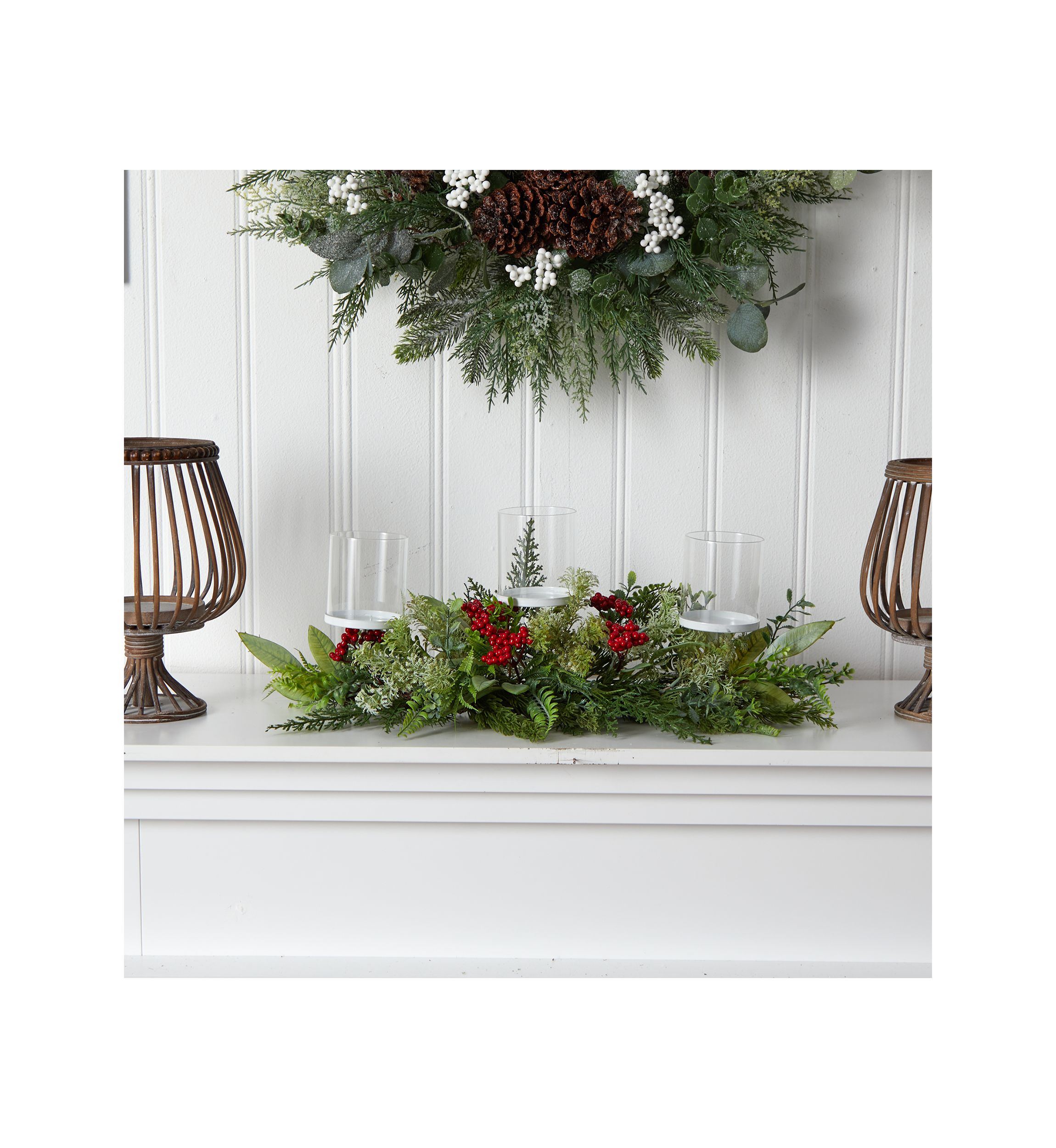 20 Inch Holiday Winter Greenery and Berries Triple Candle Holder Artificial Christmas Table Arrangement