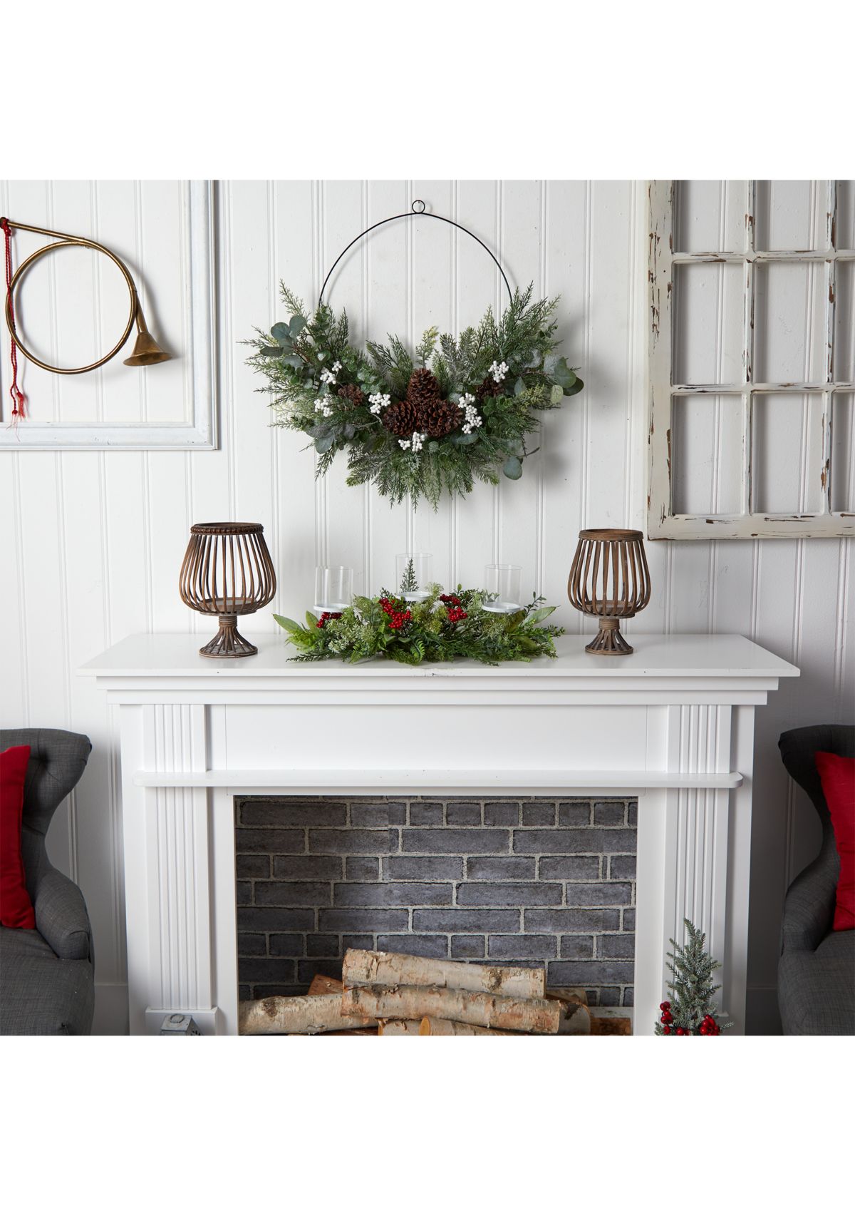 20 Inch Holiday Winter Greenery and Berries Triple Candle Holder Artificial Christmas Table Arrangement