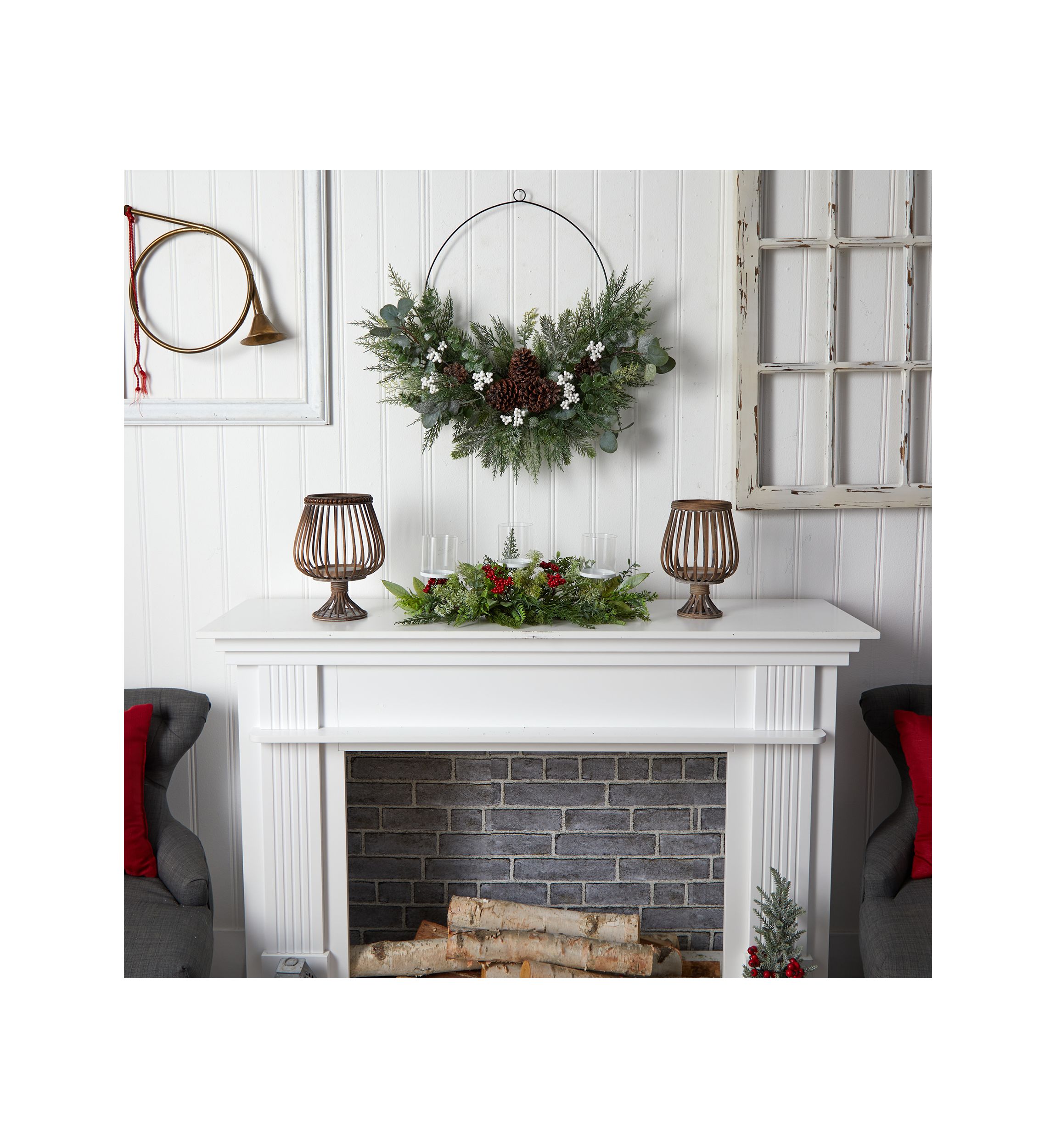 20 Inch Holiday Winter Greenery and Berries Triple Candle Holder Artificial Christmas Table Arrangement
