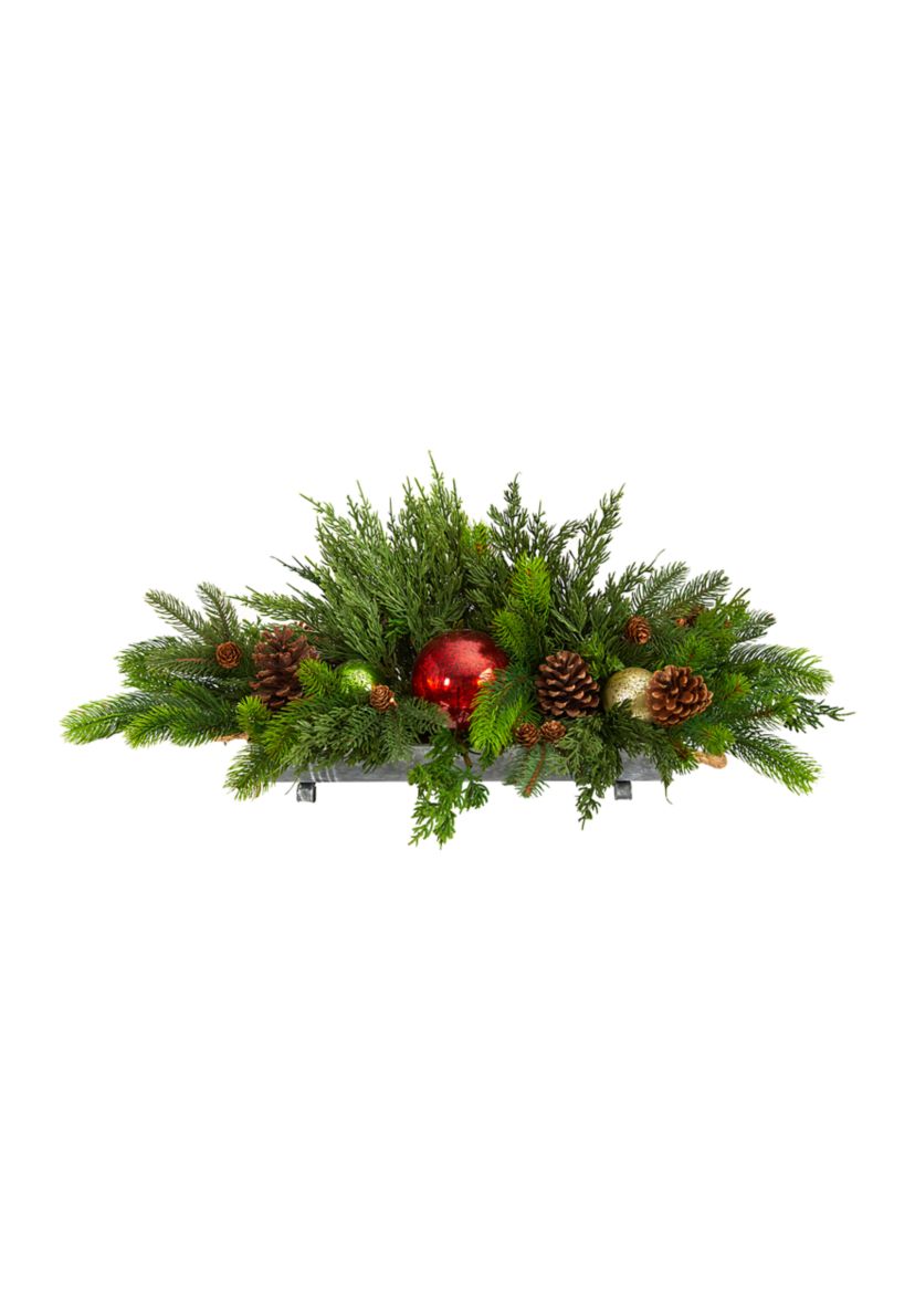 24-Inch Cedar Pine, Pinecones and Ornaments Artificial Christmas Arrangement in Tin Vase