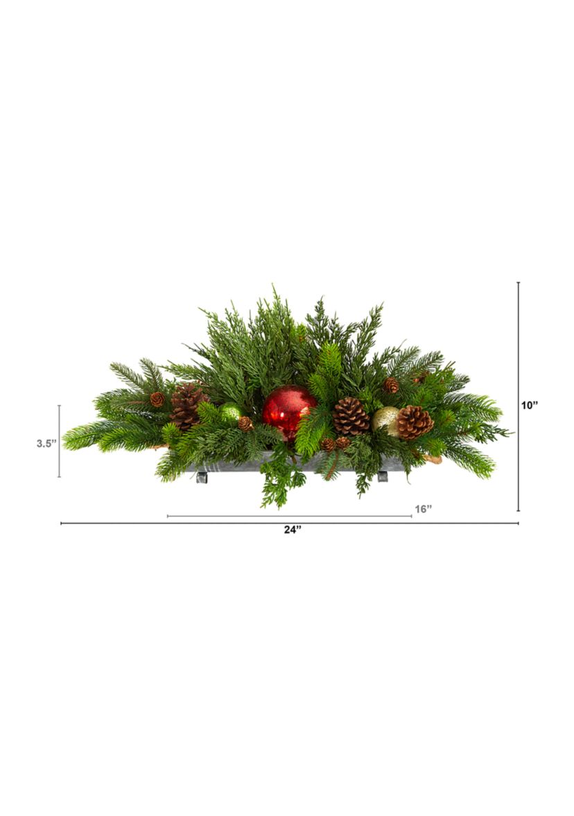 24-Inch Cedar Pine, Pinecones and Ornaments Artificial Christmas Arrangement in Tin Vase