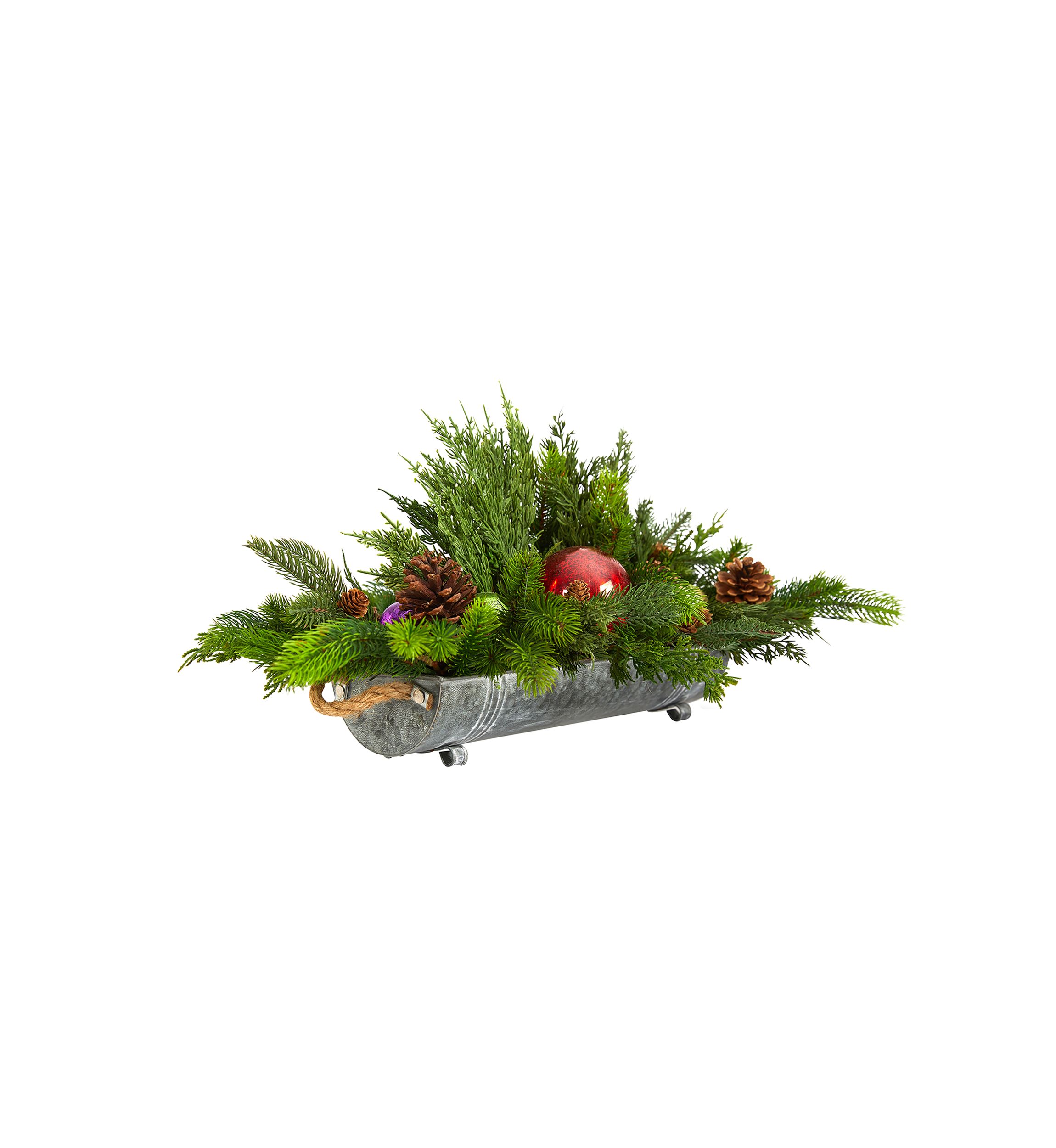 24-Inch Cedar Pine, Pinecones and Ornaments Artificial Christmas Arrangement in Tin Vase