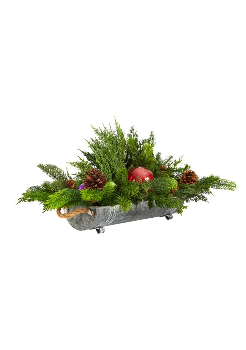 24-Inch Cedar Pine, Pinecones and Ornaments Artificial Christmas Arrangement in Tin Vase