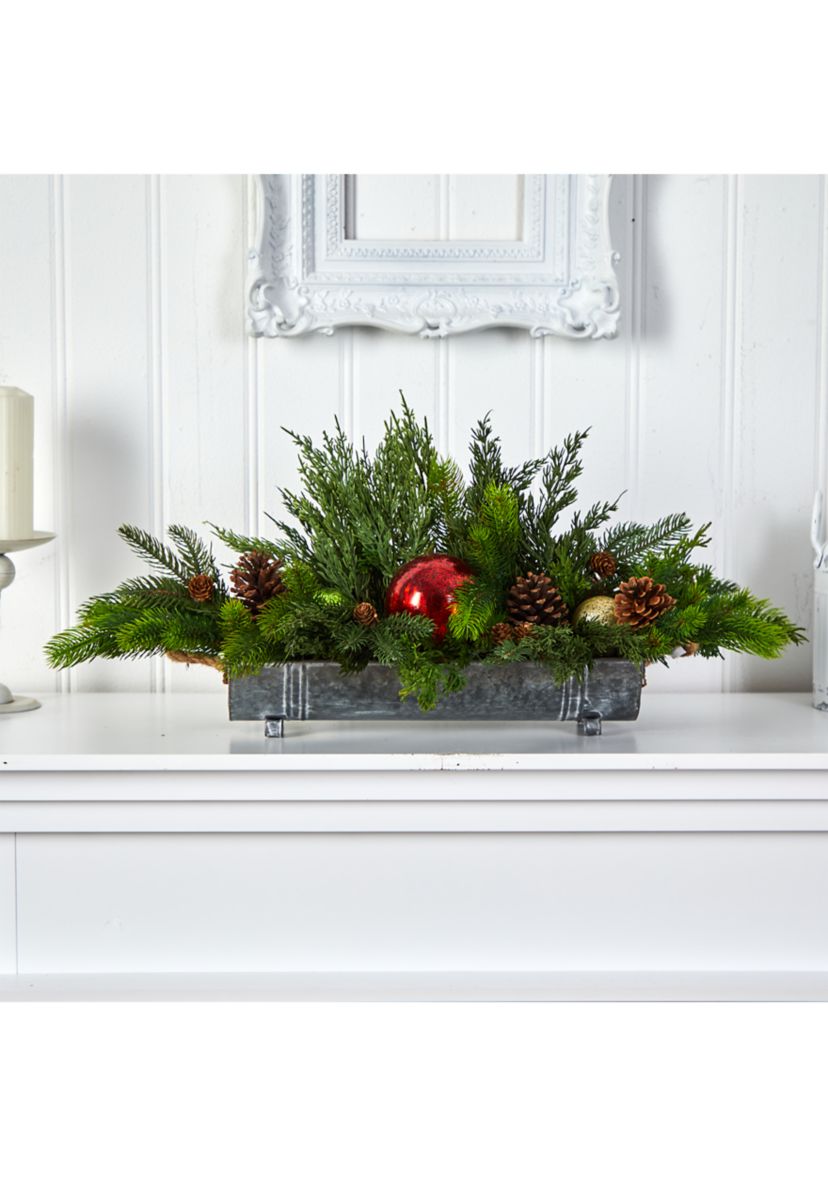 24-Inch Cedar Pine, Pinecones and Ornaments Artificial Christmas Arrangement in Tin Vase