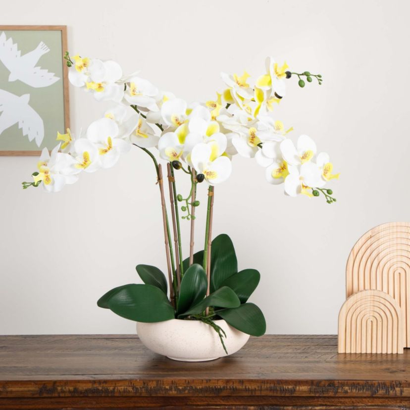 23in. Artificial Phalaenopsis Orchid Arrangement in White Ceramic Planter (Real Touch)