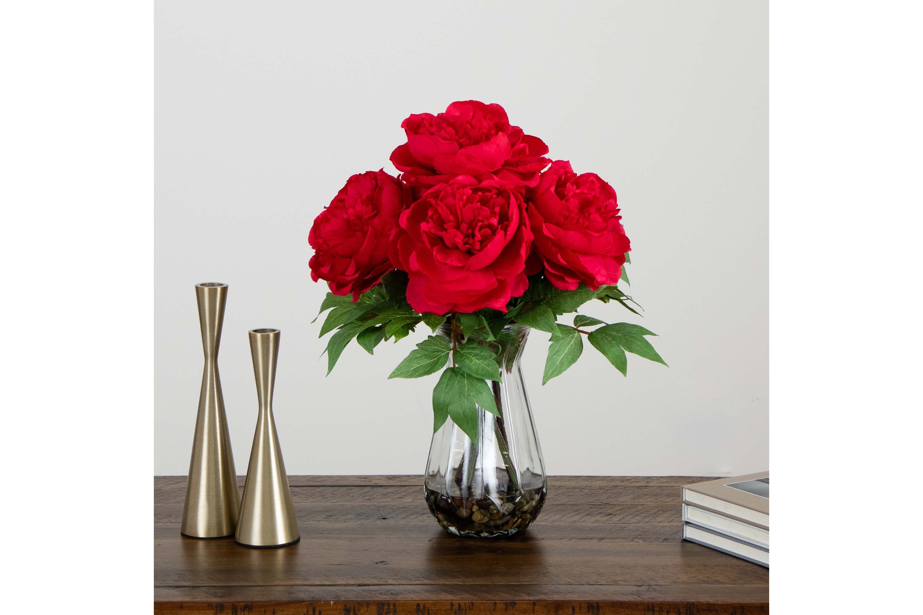 16in. Artificial Peony Arrangement in Glass Vase