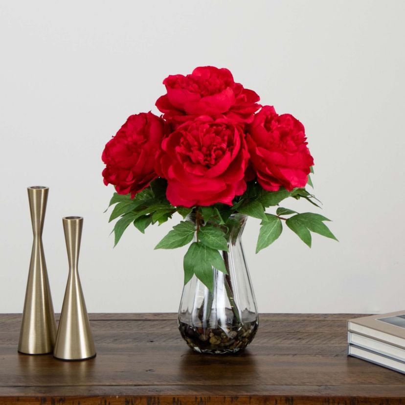 16in. Artificial Peony Arrangement in Glass Vase