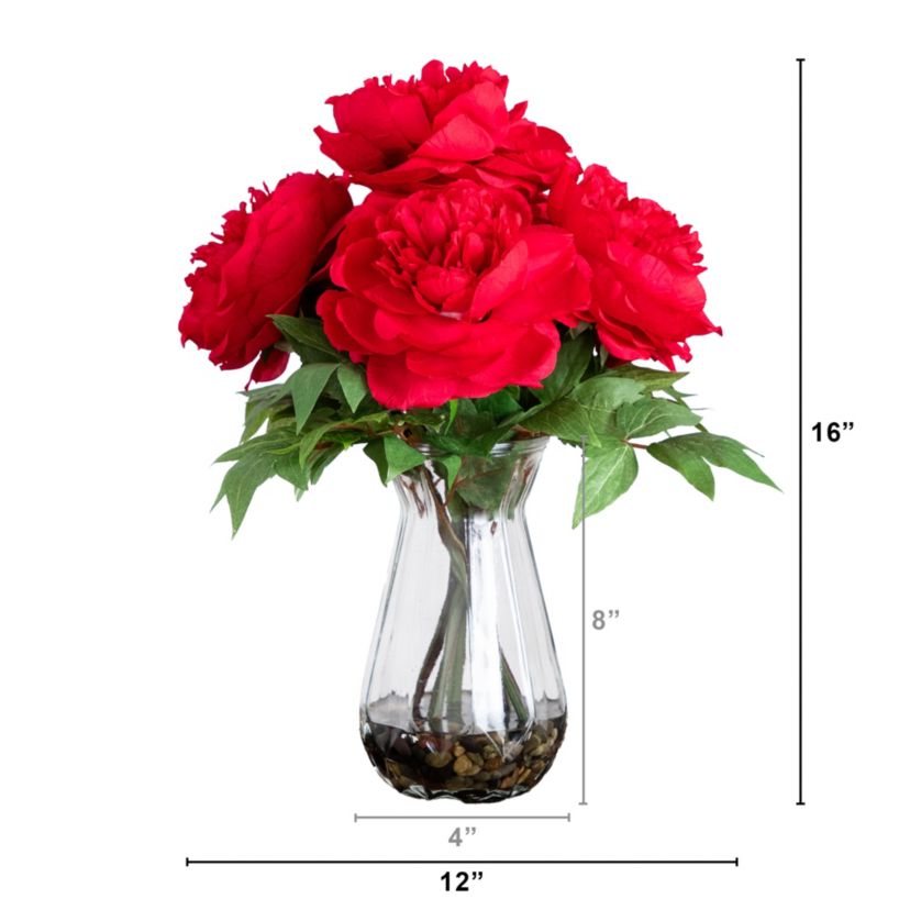 16in. Artificial Peony Arrangement in Glass Vase