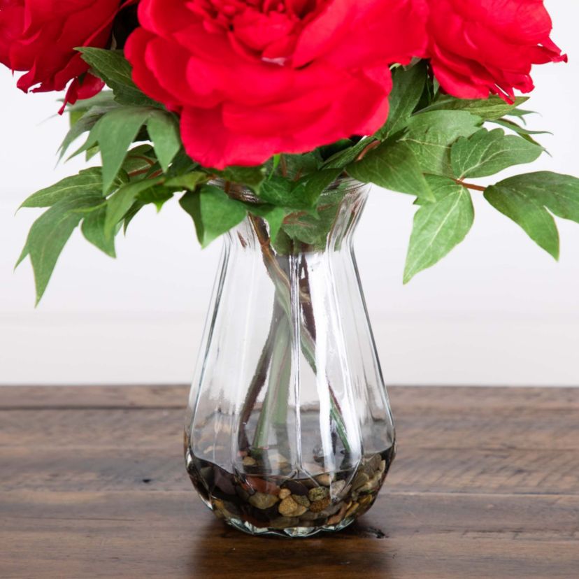 16in. Artificial Peony Arrangement in Glass Vase