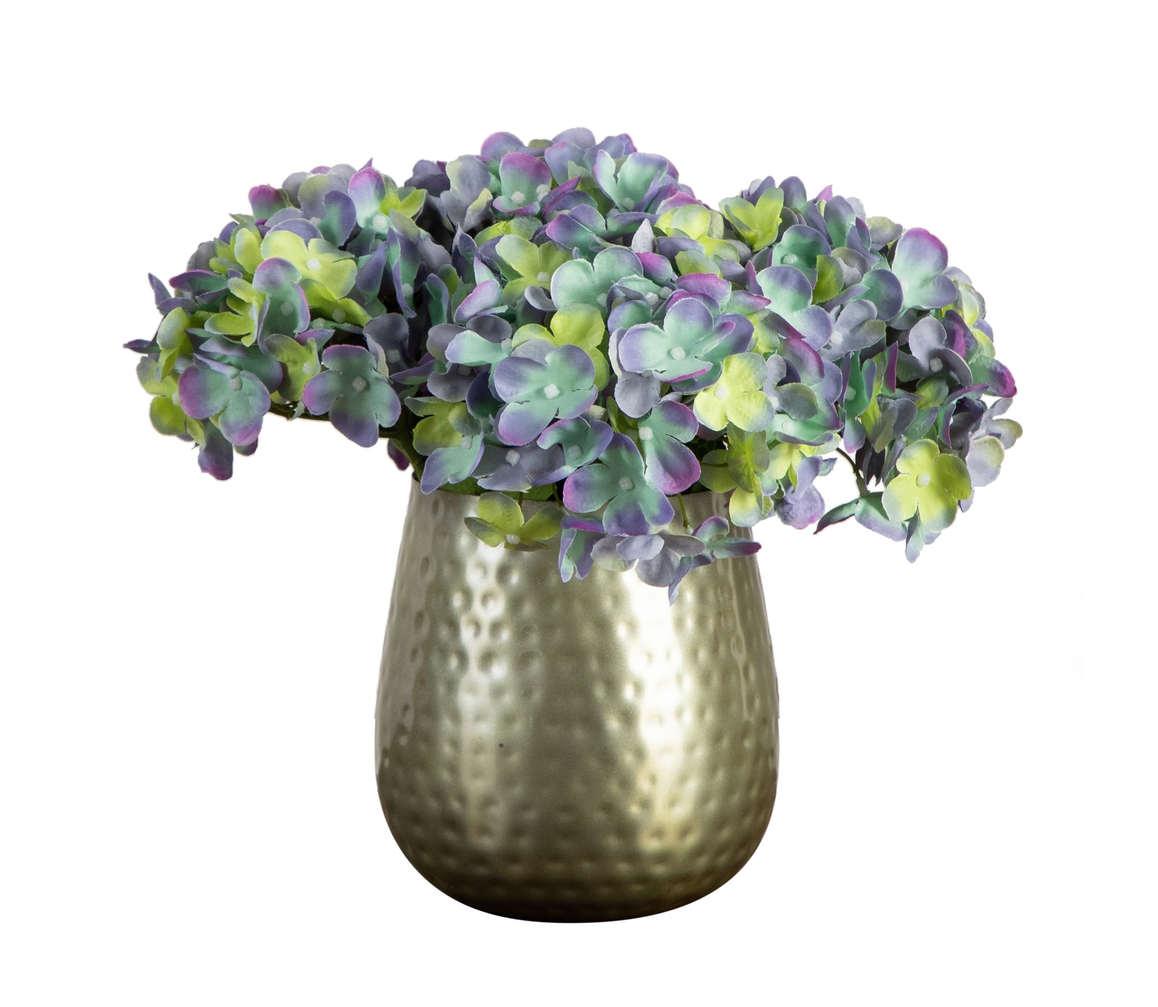 11in. Artificial Hydrangea Arrangement in Gold Metal Vase