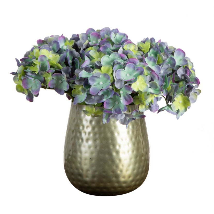 11in. Artificial Hydrangea Arrangement in Gold Metal Vase