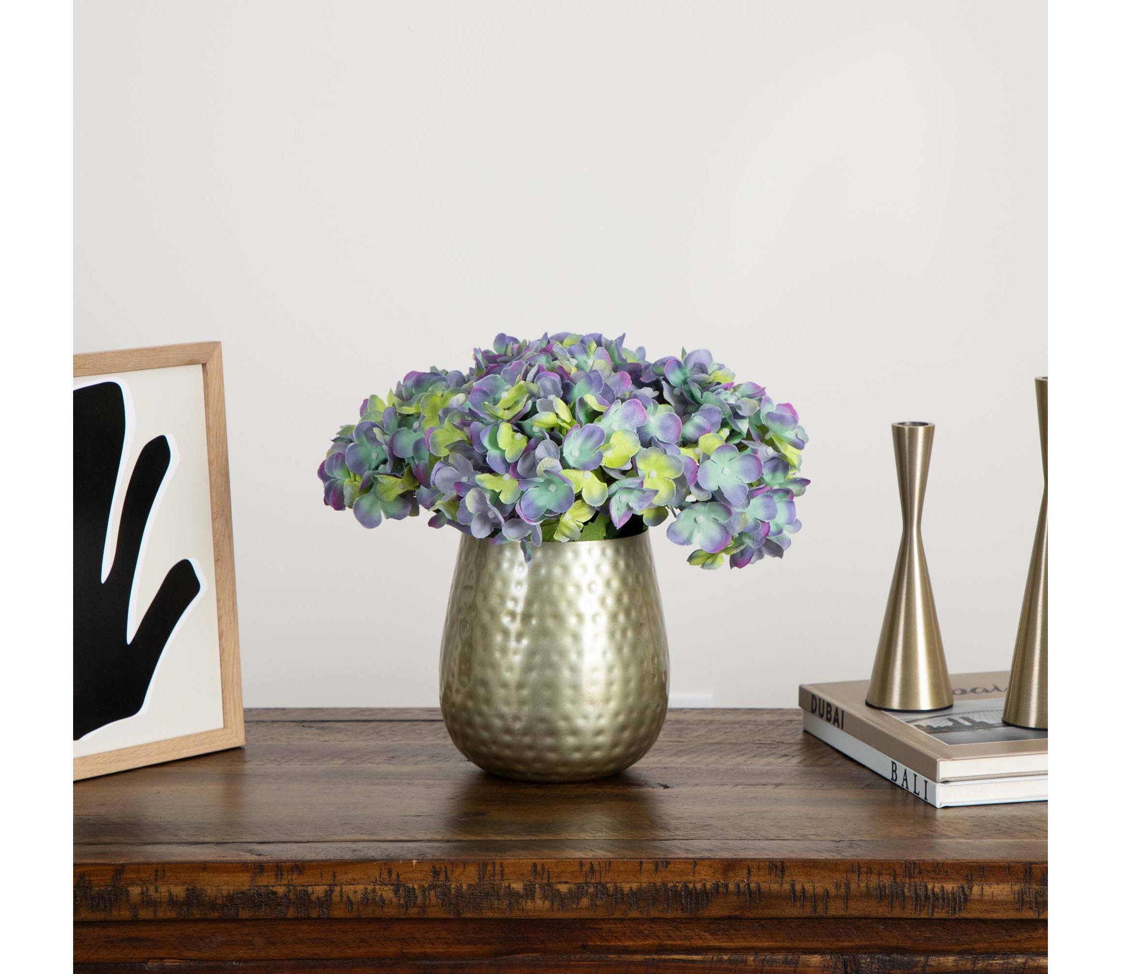 11in. Artificial Hydrangea Arrangement in Gold Metal Vase