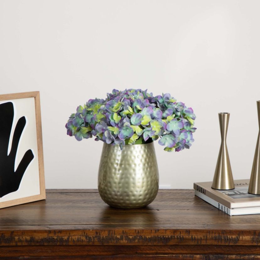11in. Artificial Hydrangea Arrangement in Gold Metal Vase