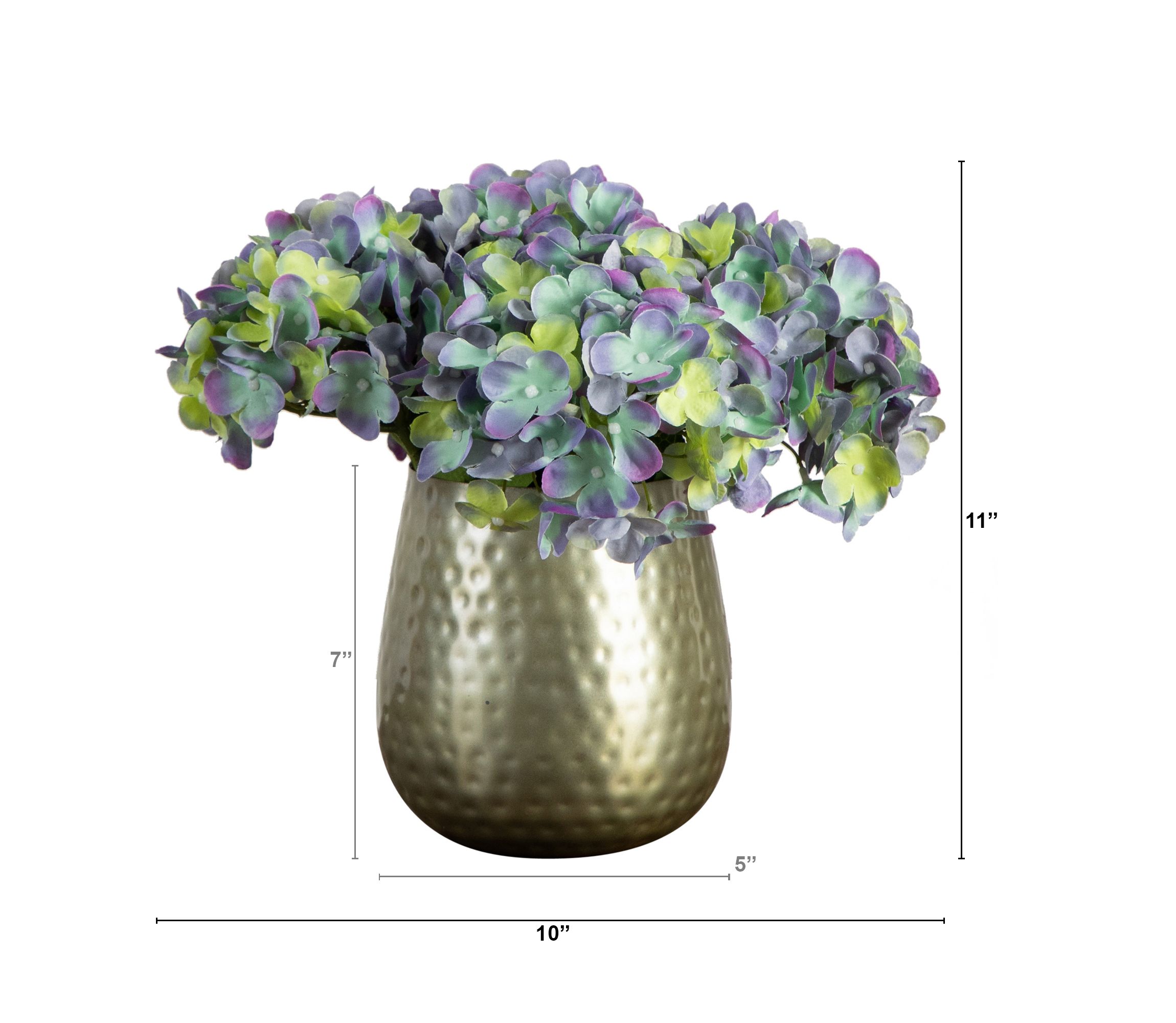 11in. Artificial Hydrangea Arrangement in Gold Metal Vase