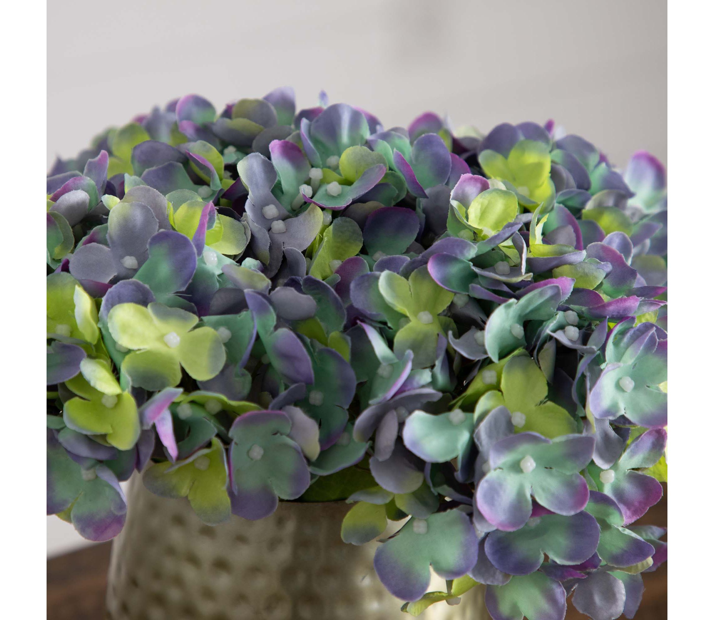 11in. Artificial Hydrangea Arrangement in Gold Metal Vase