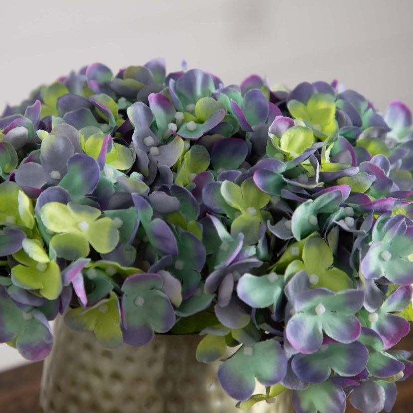 11in. Artificial Hydrangea Arrangement in Gold Metal Vase