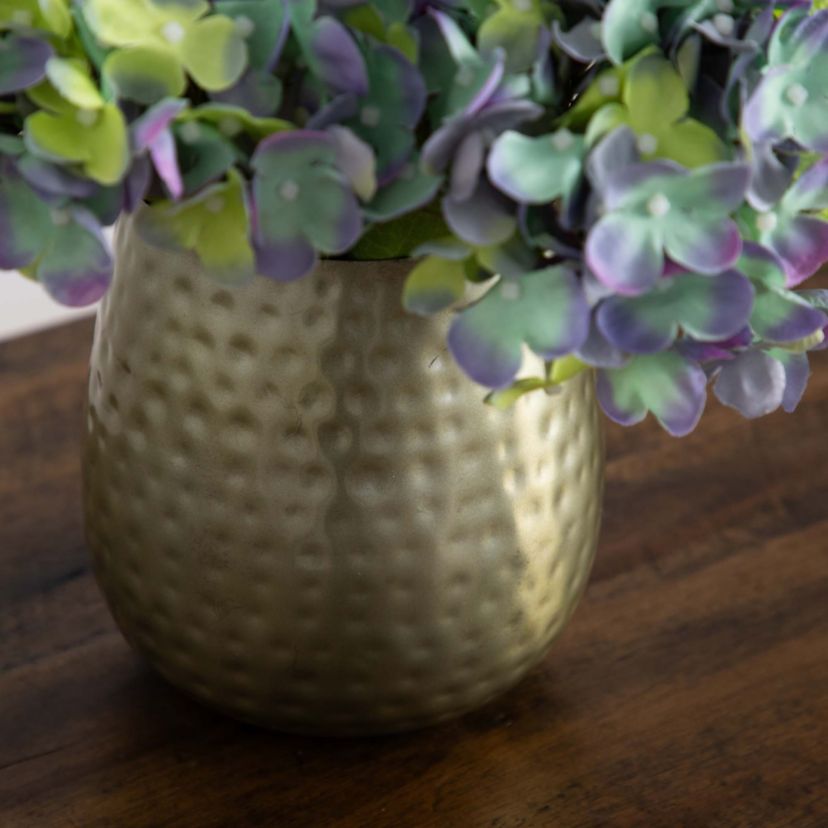 11in. Artificial Hydrangea Arrangement in Gold Metal Vase