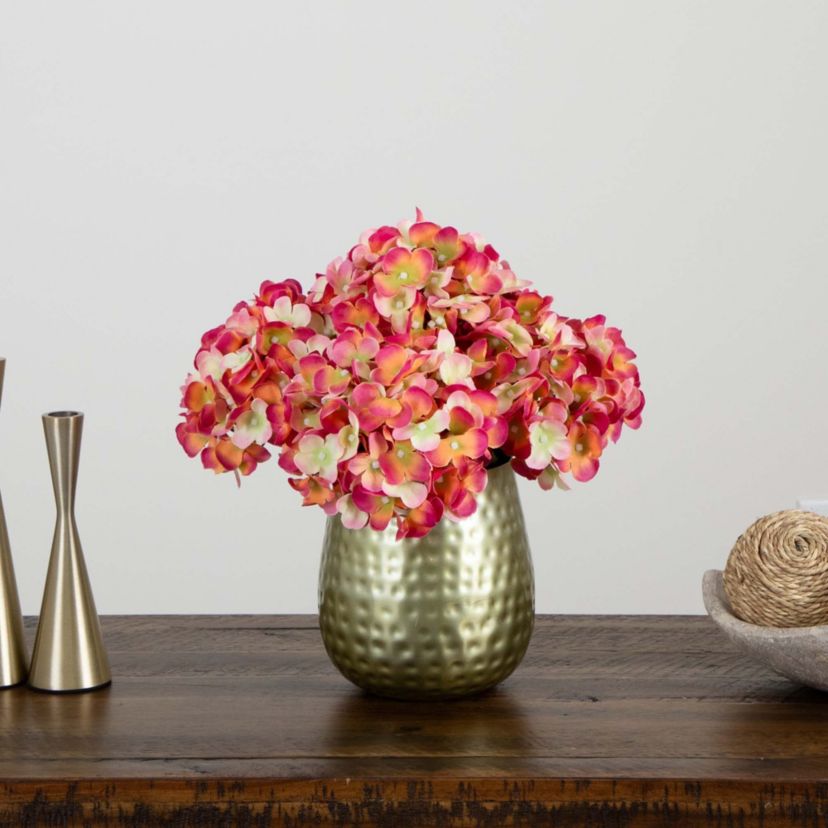 11in. Artificial Hydrangea Arrangement in Gold Metal Vase