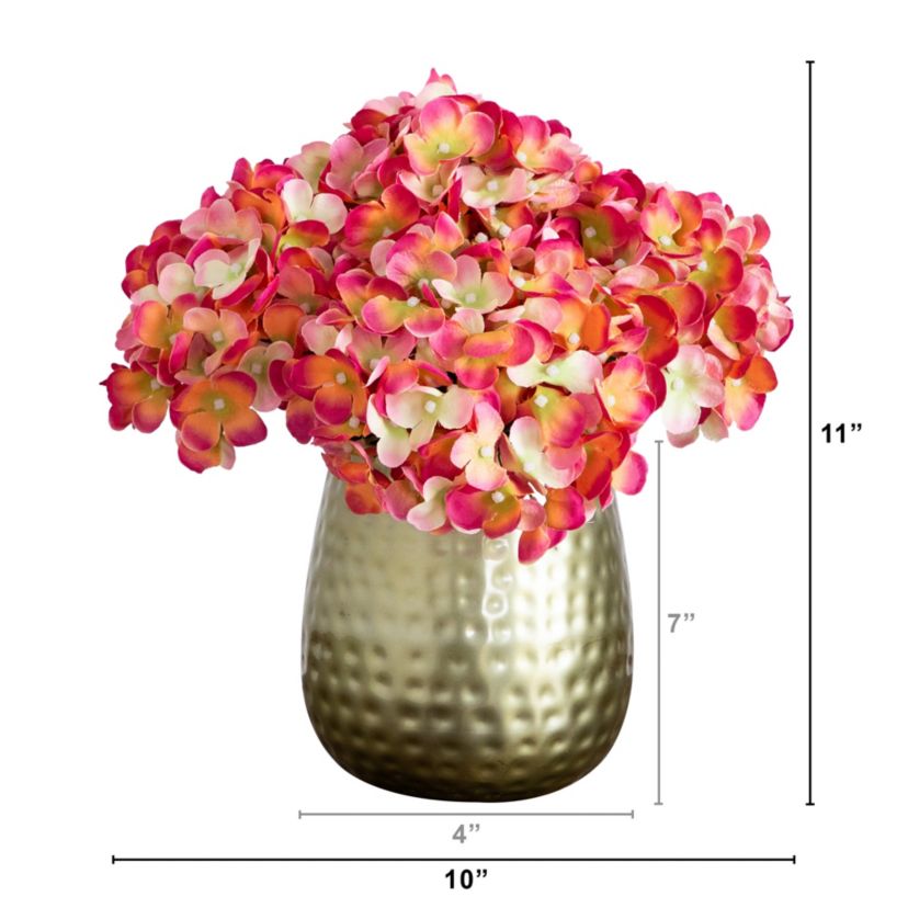 11in. Artificial Hydrangea Arrangement in Gold Metal Vase